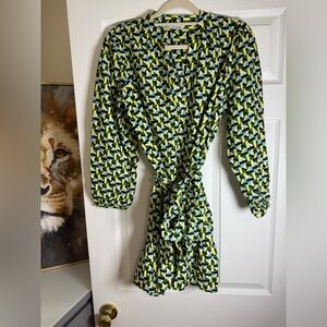 Zara Geometric Wrap Dress in Lime, Navy & White